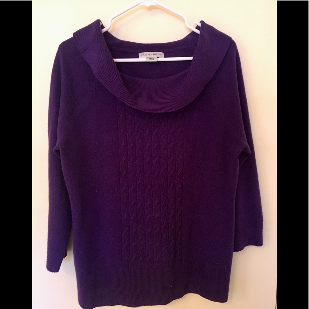 SAG HARBOR BOAT NECK SWEATER WITH 3/4 SLEEVE & Cable Knit Detail on the Front.
